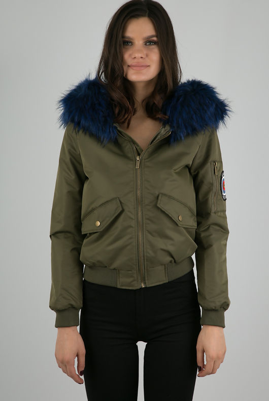 Khaki Fur Hood Military Bomber Jacket
