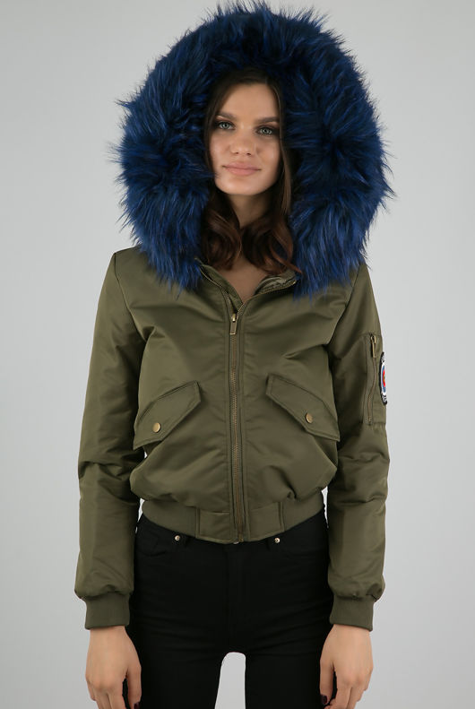 Khaki Fur Hood Military Bomber Jacket