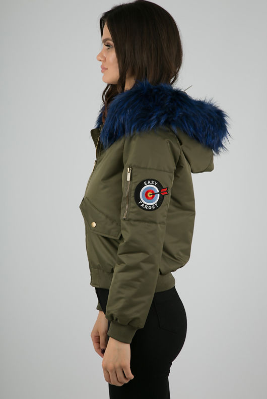 Khaki Fur Hood Military Bomber Jacket