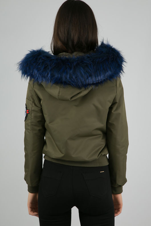 Khaki Fur Hood Military Bomber Jacket