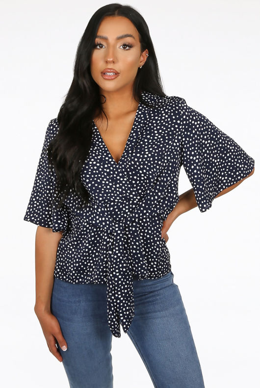 Navy Polka Dot Tie Front Blouse