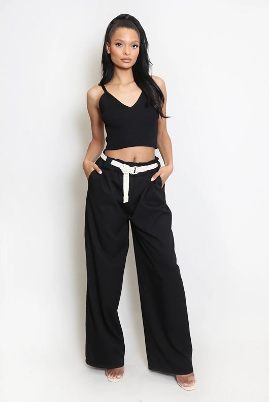 Black Belted Wide Leg Trouser