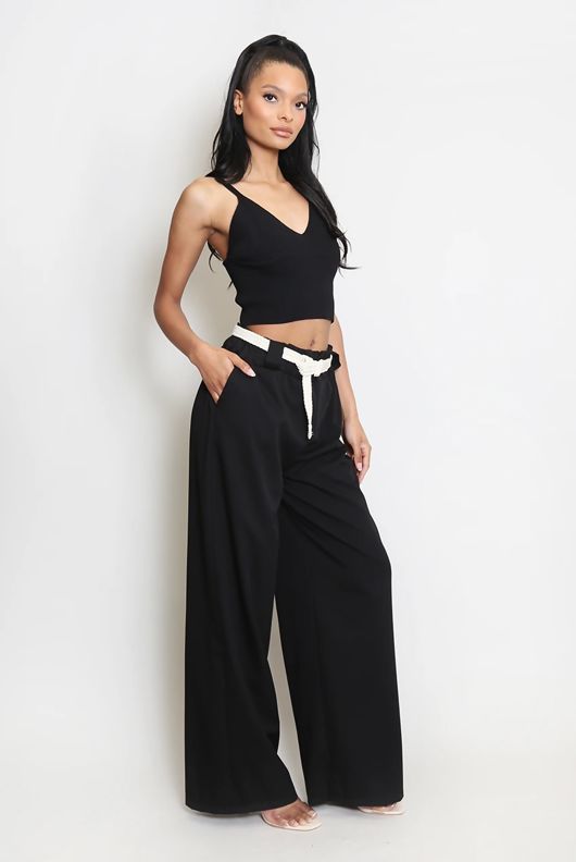 Black Belted Wide Leg Trouser