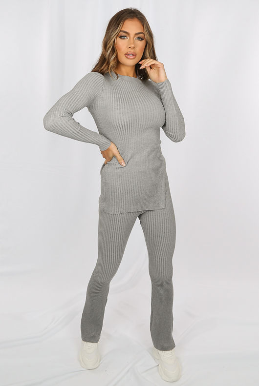 Grey Side Slit Knitted Round Neck Jumper & Trouser Set