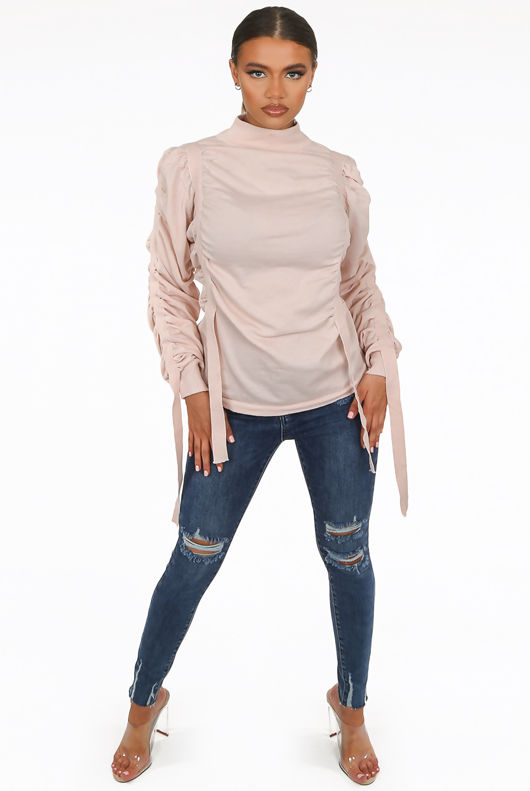 Straps Trim Mock Neck Jumper in Pink