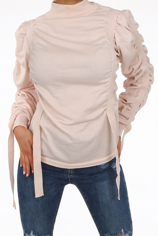 Straps Trim Mock Neck Jumper in Pink