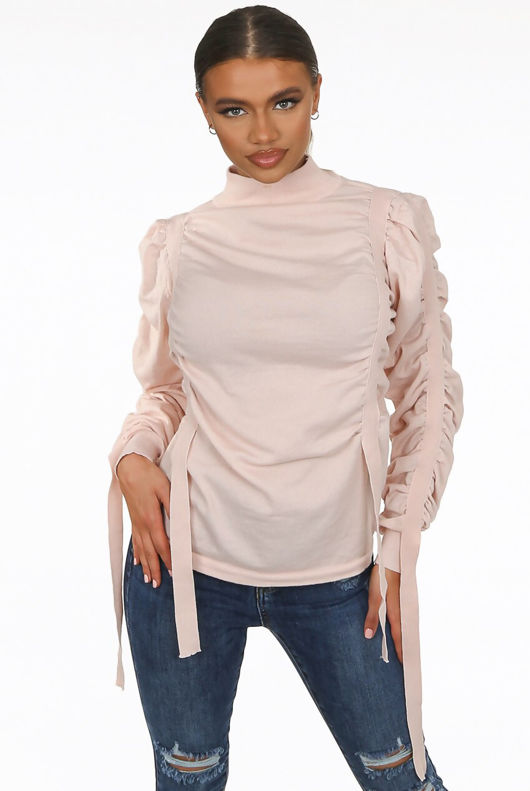 Straps Trim Mock Neck Jumper in Pink