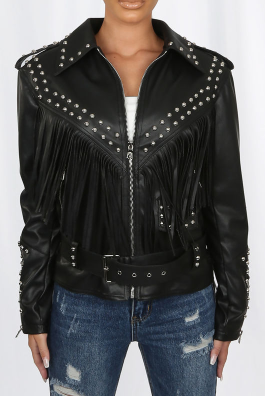 Black Studded PU Zip Up Tassel Jacket 