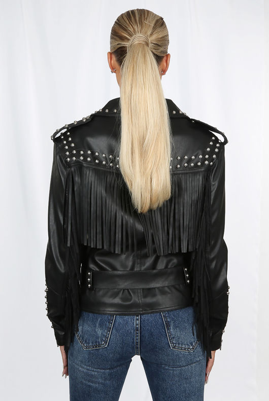 Black Studded PU Zip Up Tassel Jacket 