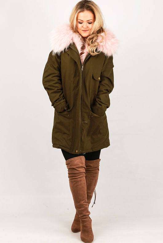  Khaki With Pink Fur Hood Fleece Lined Parka Coats