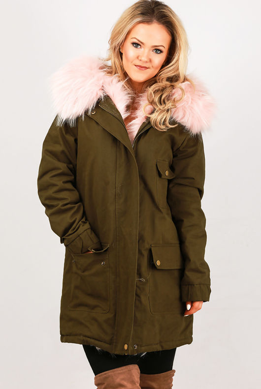  Khaki With Pink Fur Hood Fleece Lined Parka Coats