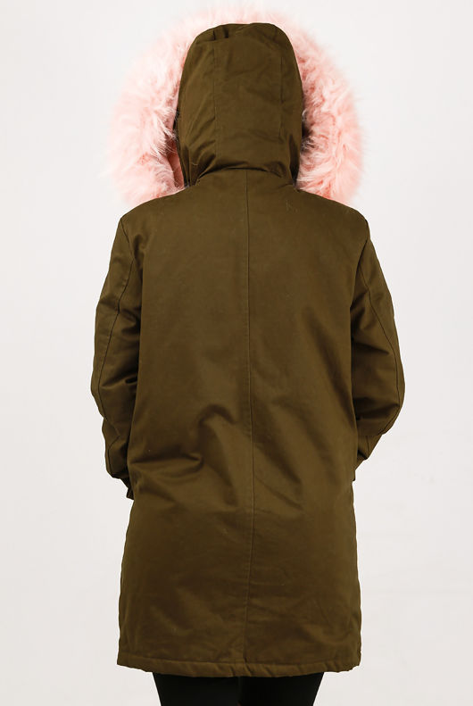  Khaki With Pink Fur Hood Fleece Lined Parka Coats