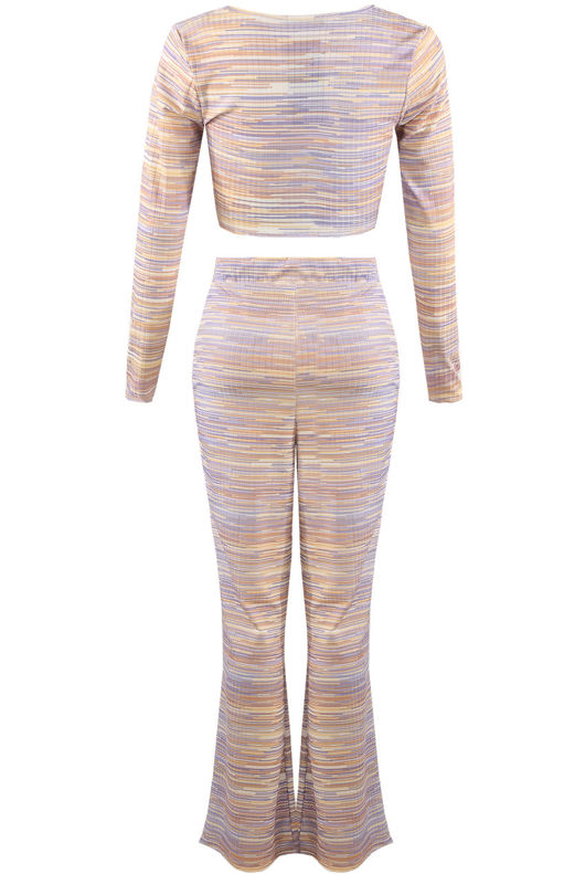 Lilac Stripe Ruched Crop Top & Flared Trouser Set