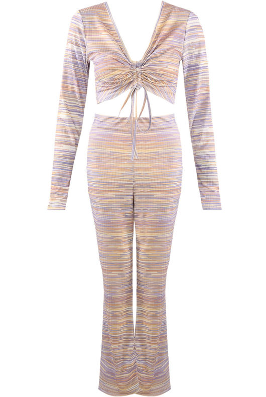 Lilac Stripe Ruched Crop Top & Flared Trouser Set