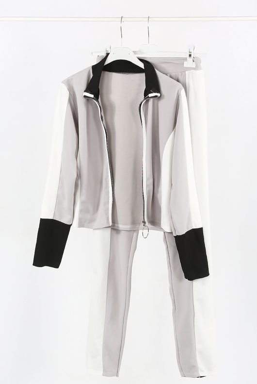 Grey Contrast Print Zip Up Jumper & Trouser Active Wear Set