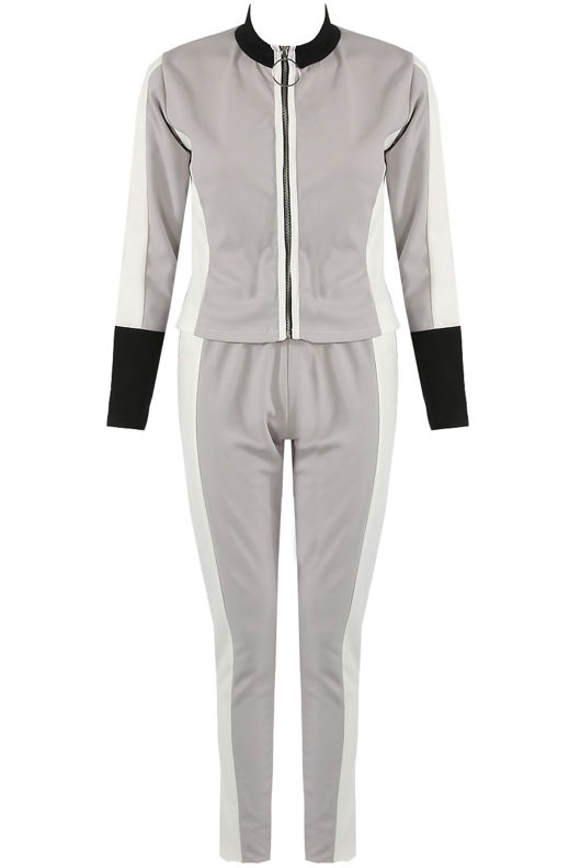Grey Contrast Print Zip Up Jumper & Trouser Active Wear Set