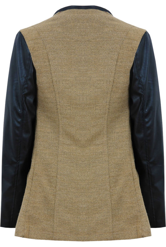 Knitted Beige Pullover With PU Sleeves
