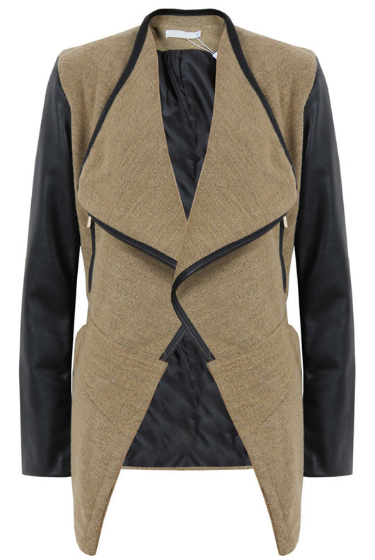 Knitted Beige Pullover With PU Sleeves