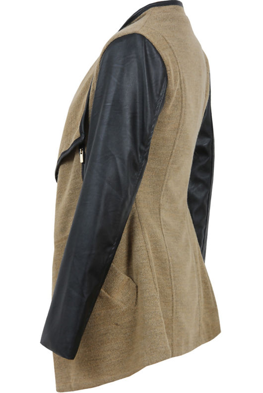 Knitted Beige Pullover With PU Sleeves