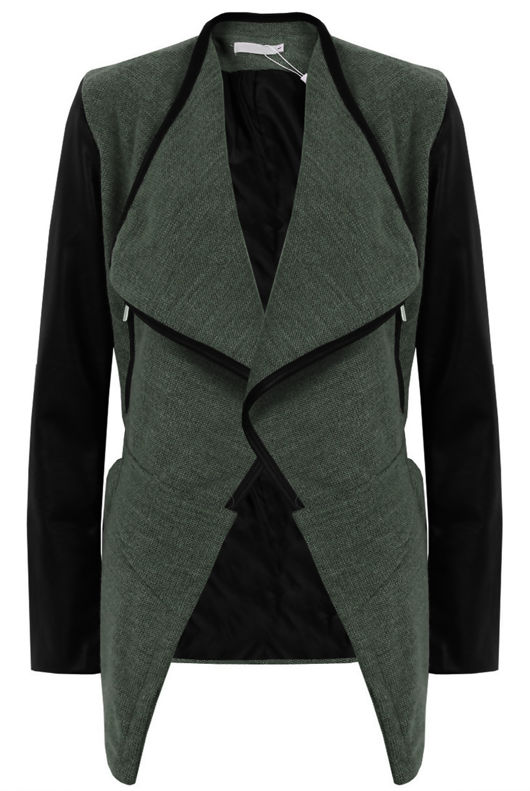 Knitted Khaki Pullover With PU Sleeves
