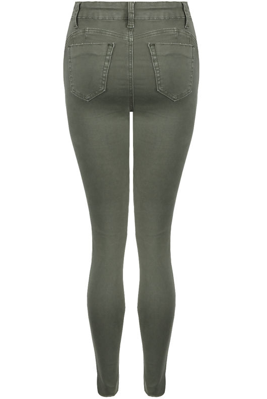 Khaki Ripped Knee High Waisted Jeans