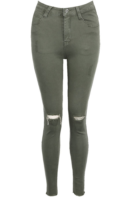 Khaki Ripped Knee High Waisted Jeans