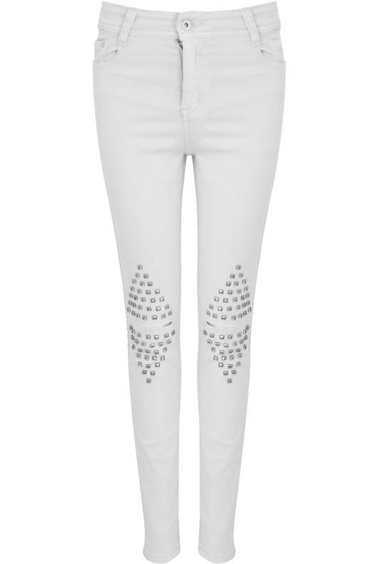 White Studded Knees Ripped Jeans