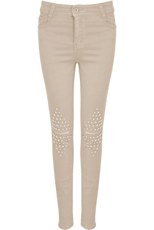 Beige Studded Knees Ripped Jeans