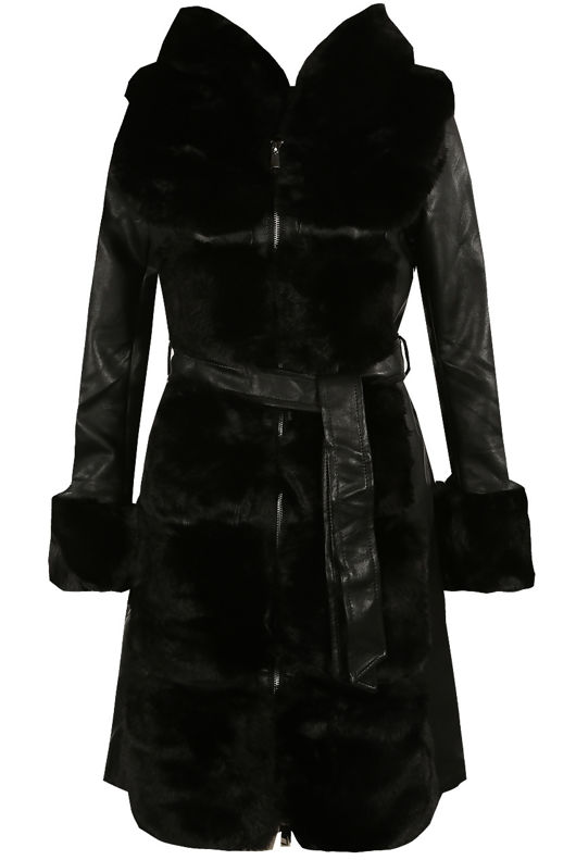 Black PU Fur Trim Coat