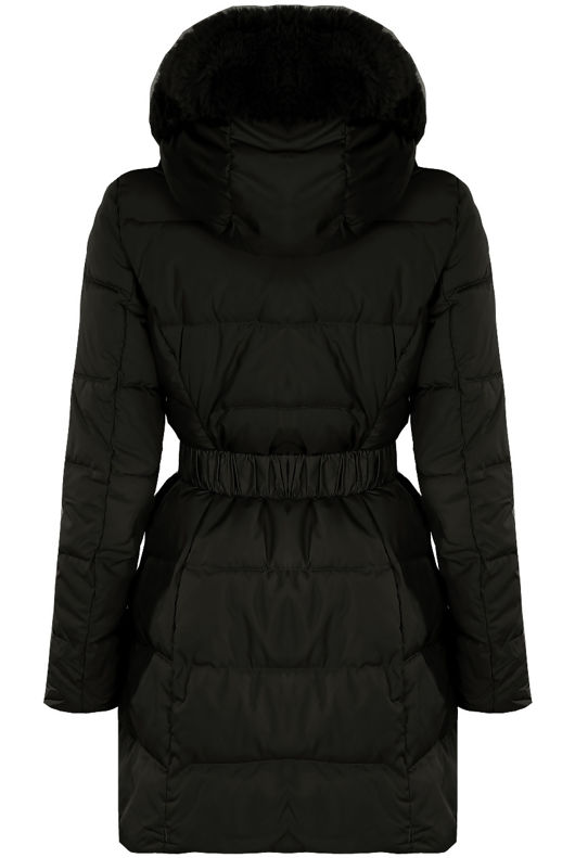 Belted Faux Fur Trim Midi Puffer Coat