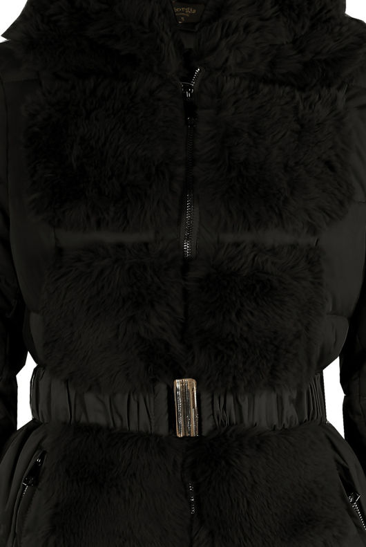 Belted Faux Fur Trim Midi Puffer Coat