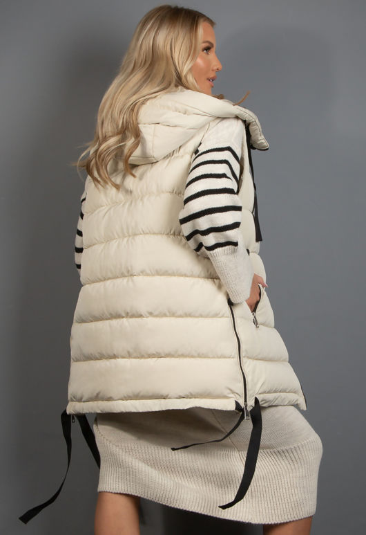Beige Hooded Puffer Gilet With Webbing Detail