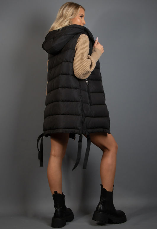 Black Hooded Puffer Gilet With Webbing Detail