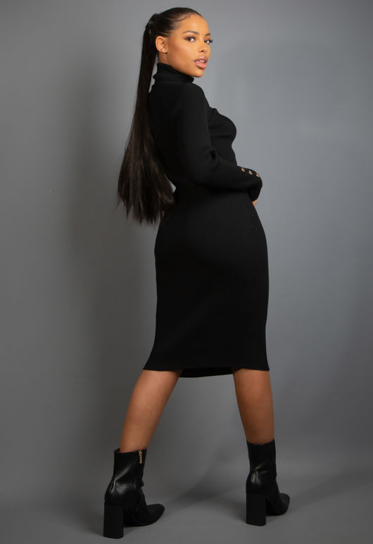 Black Ribbed High Neck Midi Dress