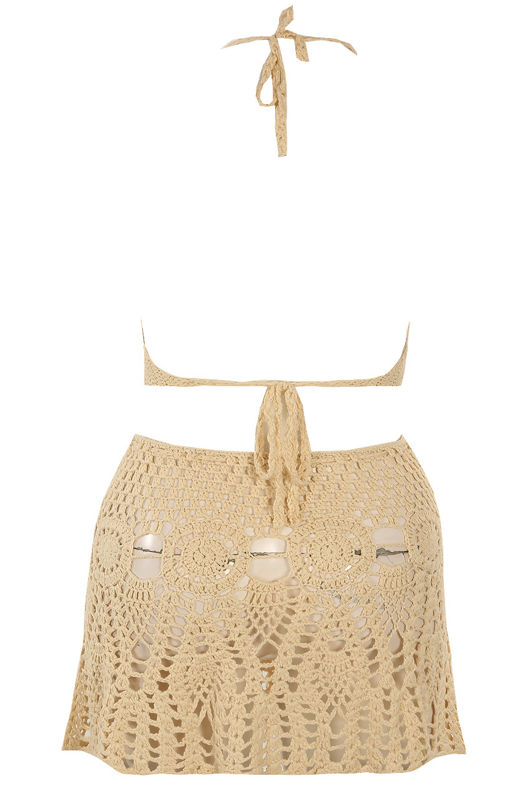 Beige Crochet Halter Top & Mini Skirt Set