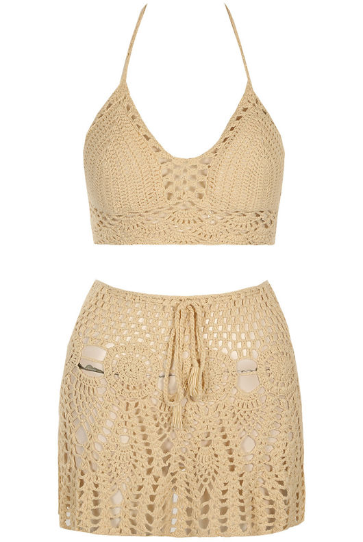 Beige Crochet Halter Top & Mini Skirt Set