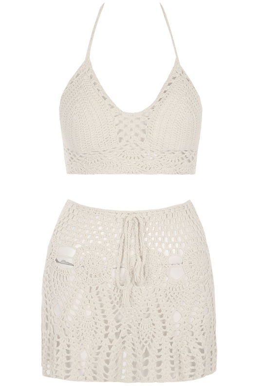 Cream Crochet Halter Top & Mini Skirt Set