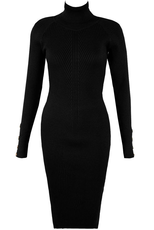 Black Ribbed High Neck Midi Dress