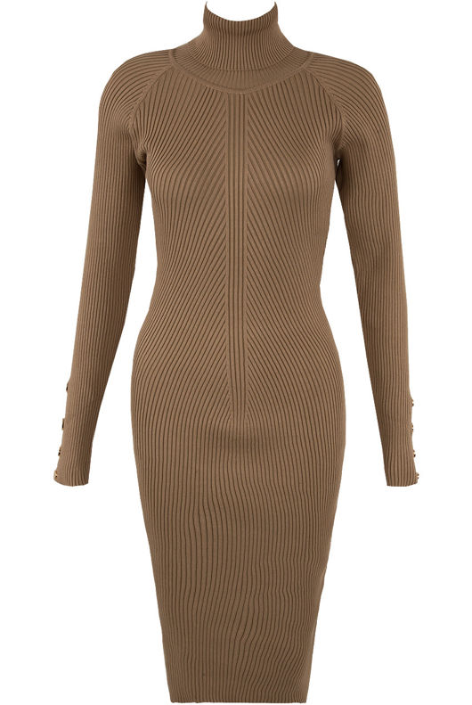 Taupe Ribbed High Neck Midi Dress