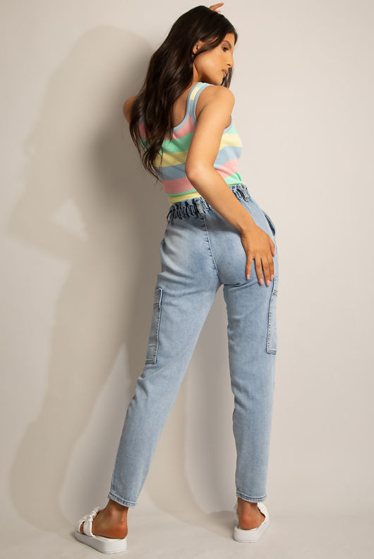 Sky Blue Square Neck Fine Knit Vest In Stripe