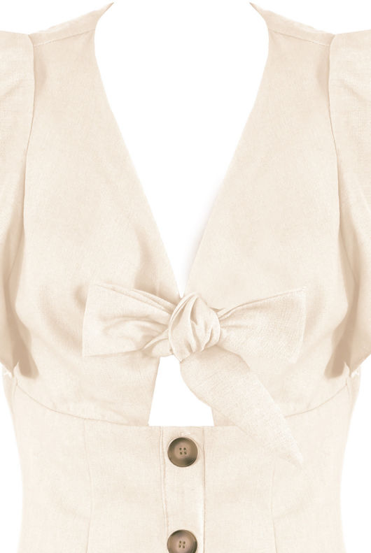 Beige Front Tie Up Button Hem Dress
