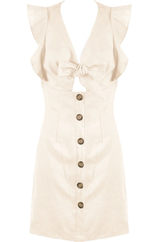 Beige Front Tie Up Button Hem Dress