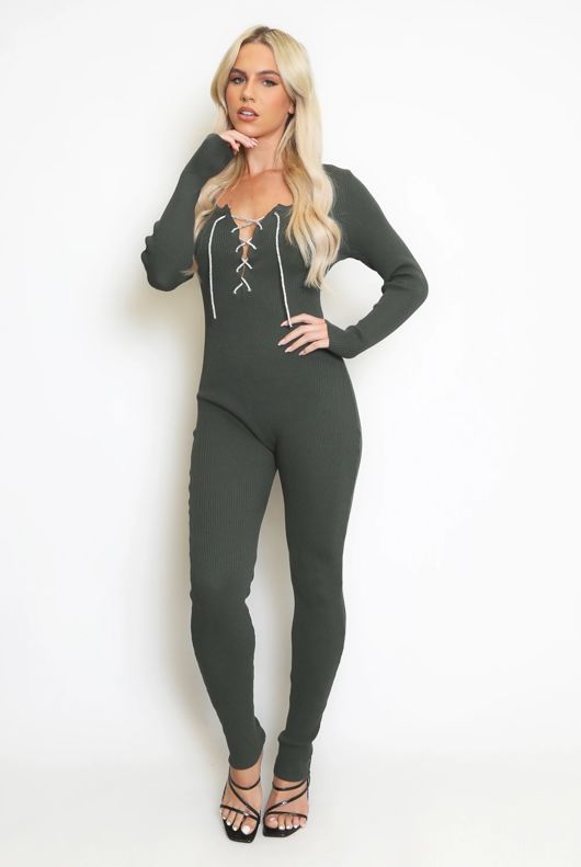 Khaki Diamante Tie Knitted Unitard