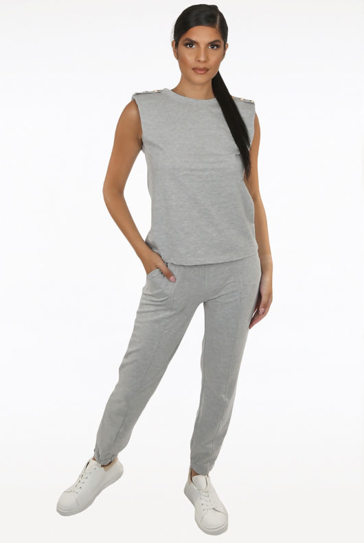 Grey Golden Button Trim Tops & Trouser Set
