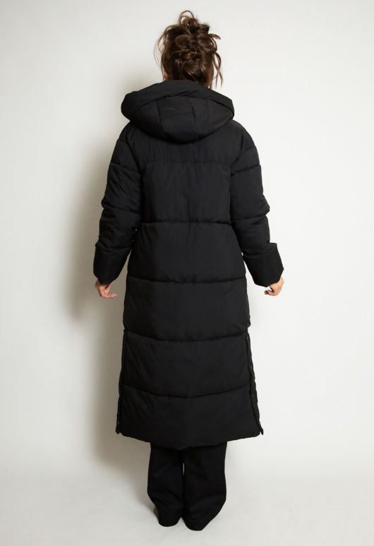 Black Quilted Puffer Coat With Hood