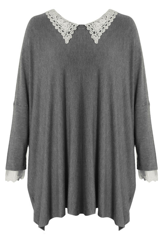 Grey Crochet Collar Knitted Jumper