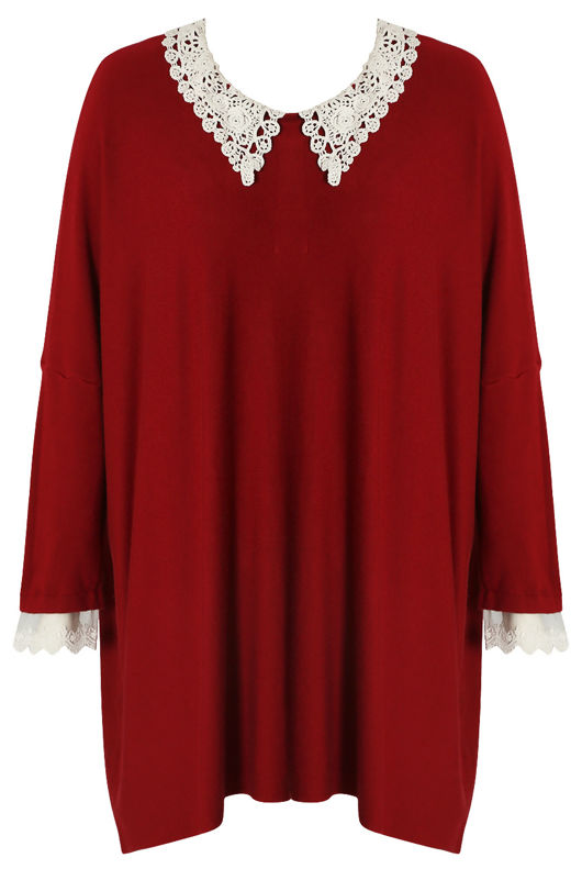 Burgundy Crochet Collar Knitted Jumper
