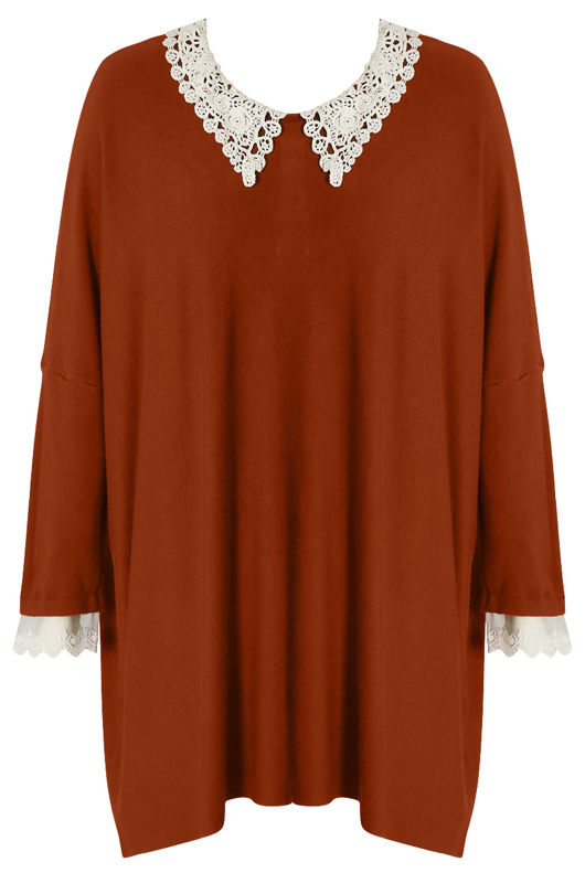 Brown Crochet Collar Knitted Jumper