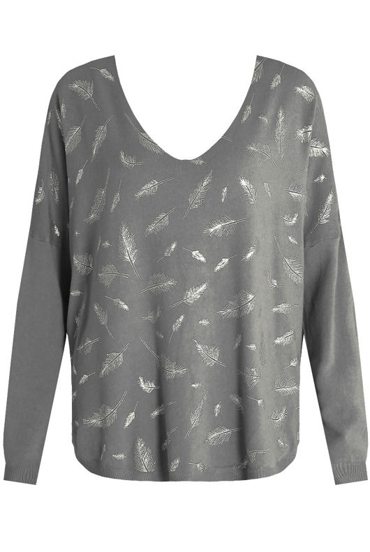Foil Leaf Print Knitted Grey Jumper