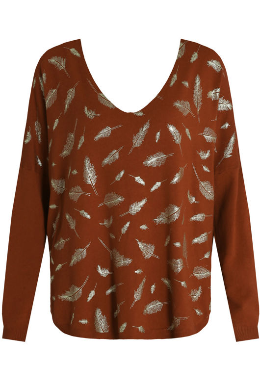 Foil Leaf Print Knitted Tan Jumper